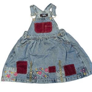 Baby Squeeze Vintage Denim Jean Overall Dress 4T Embroidered Patches Y2K